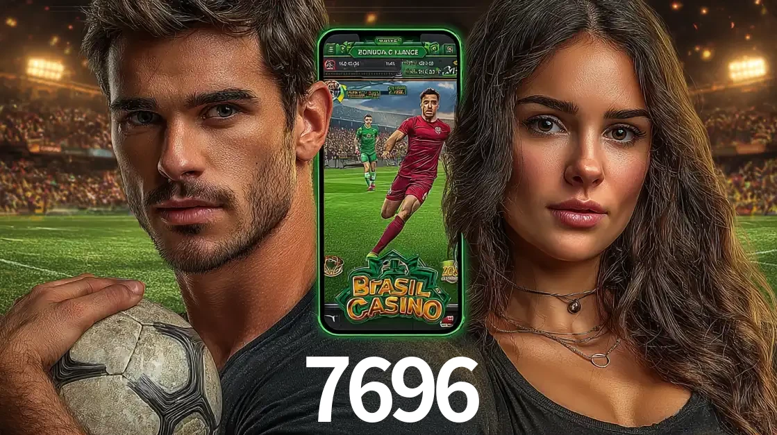 Homem segurando uma bola de futebol e uma mulher ao lado de um smartphone exibindo o jogo de apostas esportivas da 7696. Faça seu palpite no cassino online.